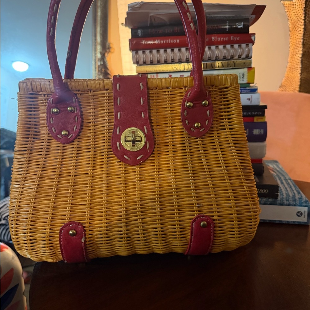 Woven Straw Tote with Red Leather Trim